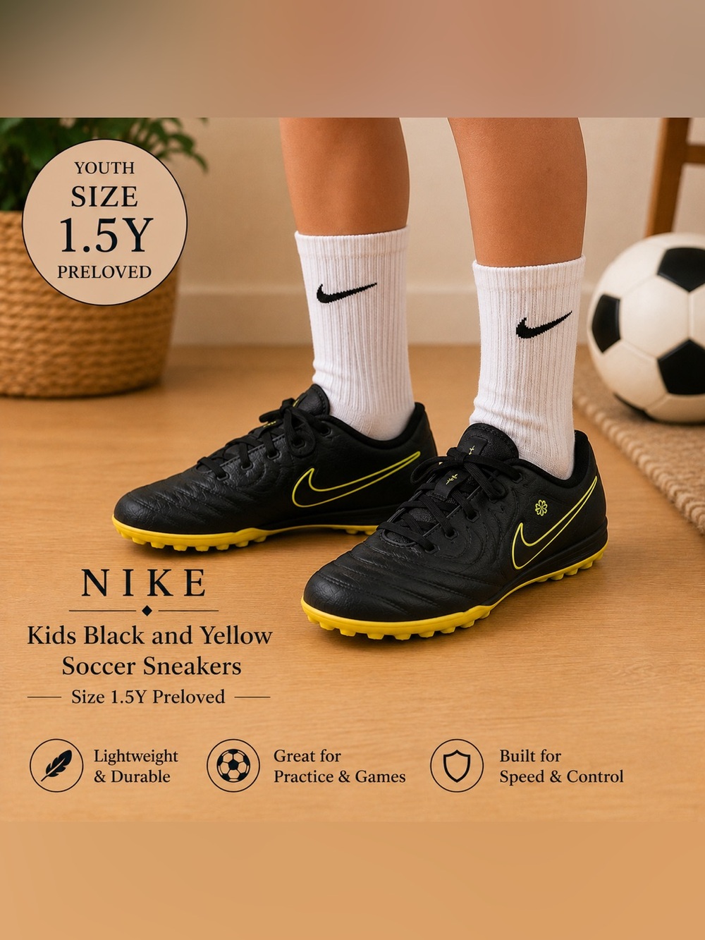 Nike Kids Black and Yellow Cleats Size 1.5Y Preloved
